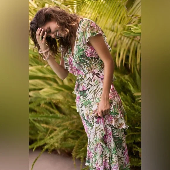 BADGLEY MISHKA 8 EASTER Resort Wedding Coastal Palm Ruffle Pink Green Maxi Dress - Picture 2 of 16